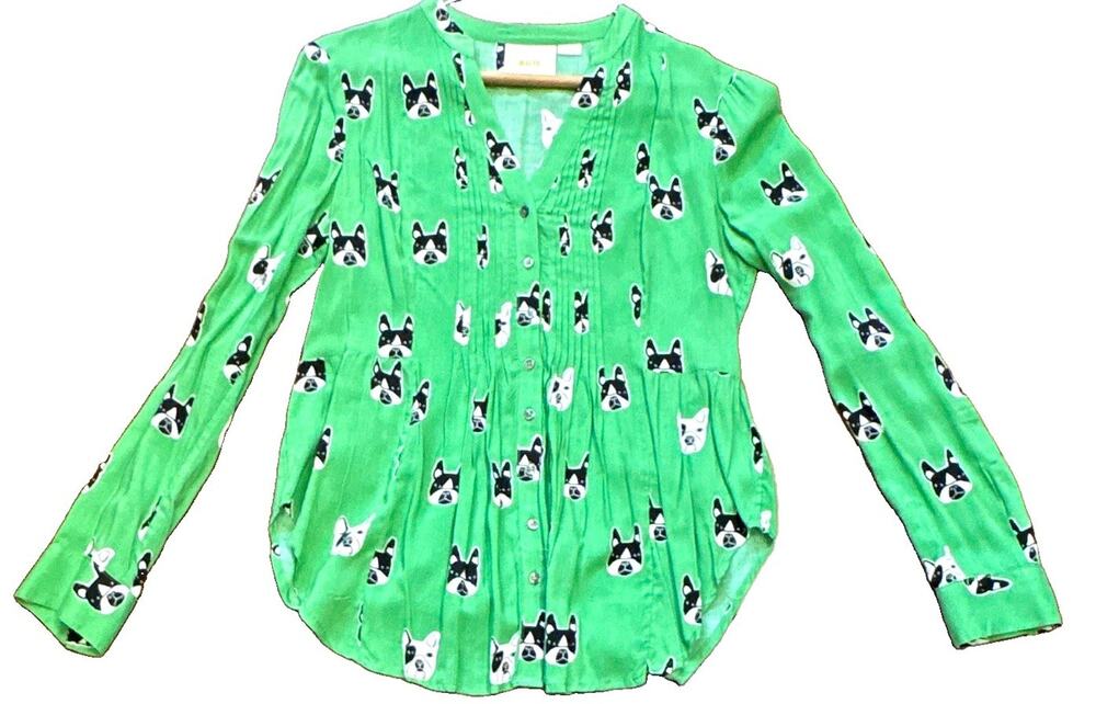 Maeve Green French Bulldog Print Button Front Long Sleeve Blouse Womens Sz 4